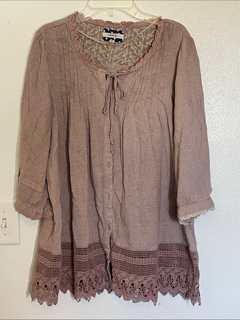Crochet-Hem Button Front Blouse in Mauve Dust